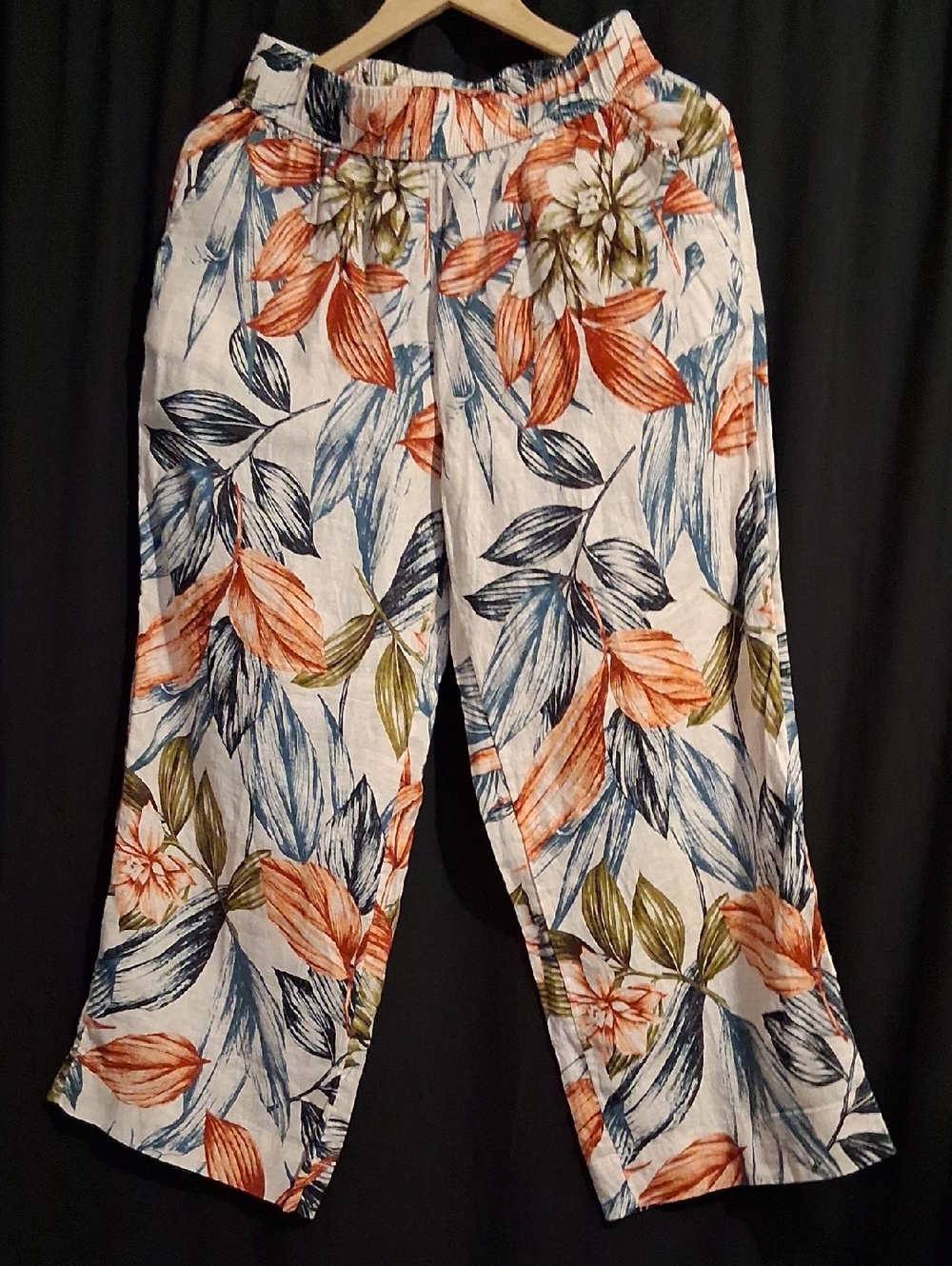 C&C California Linen Pants in White with Blue, Orange and Green Leaf Print